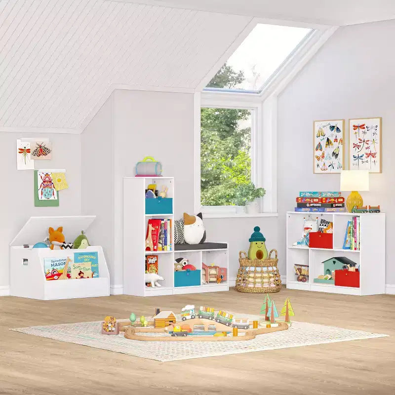 Kids Bench with 5 Toy Cubby Storage Shelves and Cushioned Seat for Reading Nook and Playroom, White