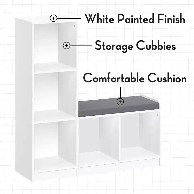 Kids Bench with 5 Toy Cubby Storage Shelves and Cushioned Seat for Reading Nook and Playroom, White