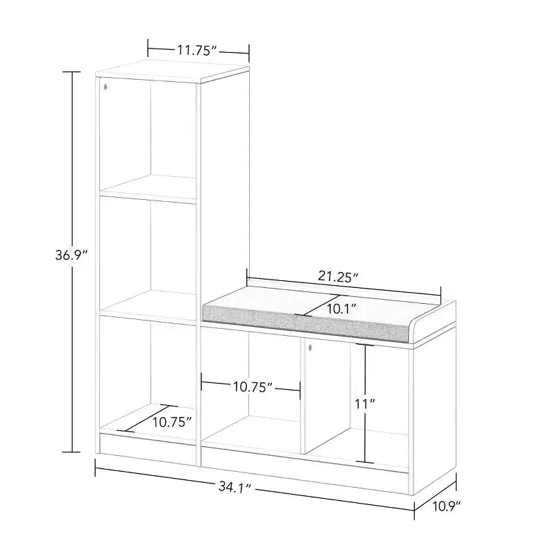 Kids Bench with 5 Toy Cubby Storage Shelves and Cushioned Seat for Reading Nook and Playroom, White