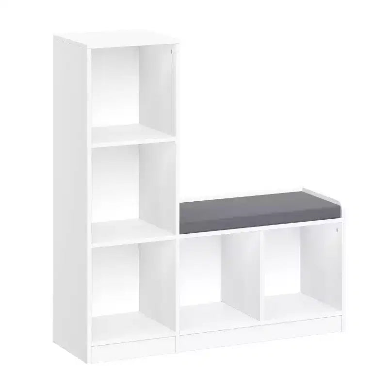 Kids Bench with 5 Toy Cubby Storage Shelves and Cushioned Seat for Reading Nook and Playroom, White