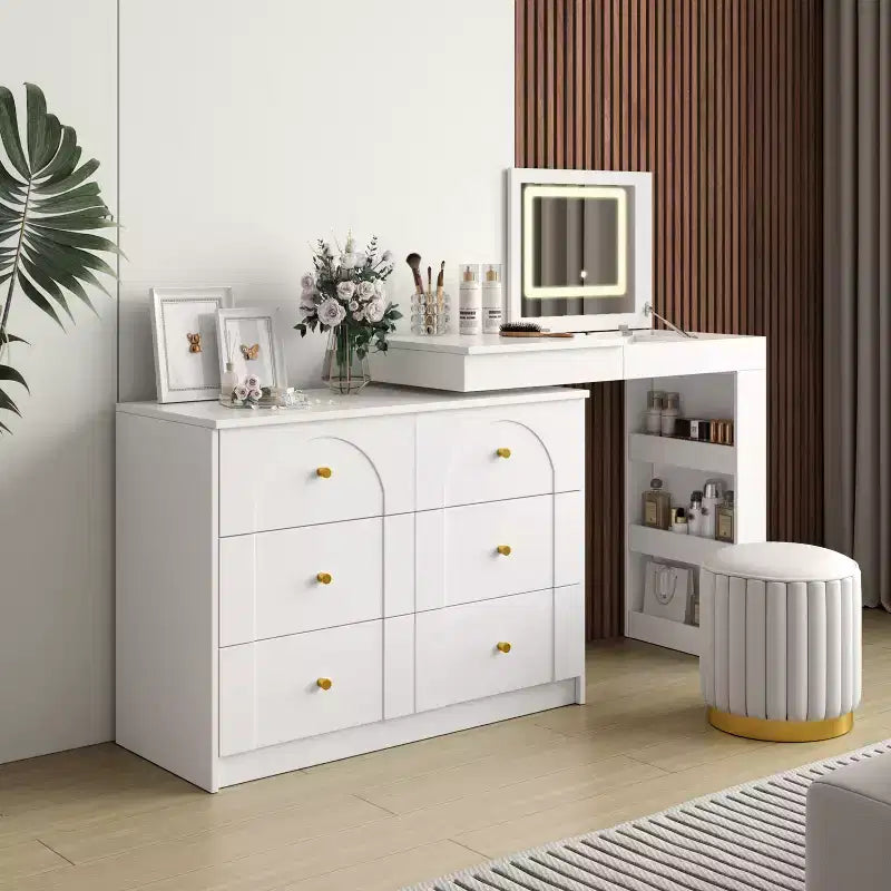 Vanity Desk with LED Mirror and Lights, Flip-Top Makeup Table with 7 Drawers, 9 Compartments, 3 Shelves, 3 Color Modes, White
