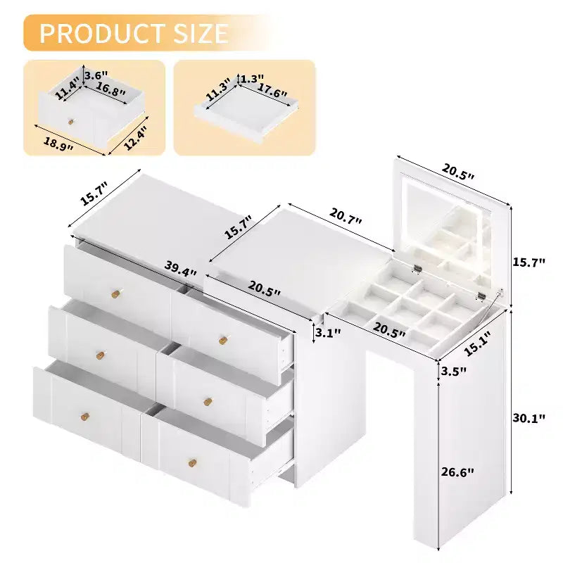 Vanity Desk with LED Mirror and Lights, Flip-Top Makeup Table with 7 Drawers, 9 Compartments, 3 Shelves, 3 Color Modes, White