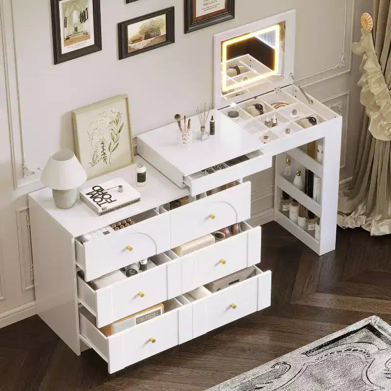 Vanity Desk with LED Mirror and Lights, Flip-Top Makeup Table with 7 Drawers, 9 Compartments, 3 Shelves, 3 Color Modes, White