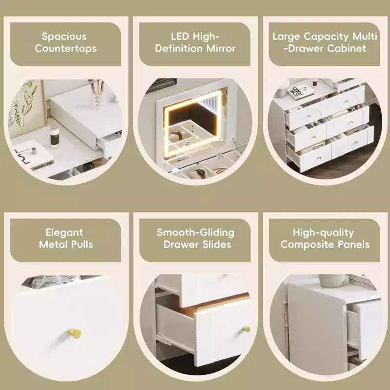 Vanity Desk with LED Mirror and Lights, Flip-Top Makeup Table with 7 Drawers, 9 Compartments, 3 Shelves, 3 Color Modes, White