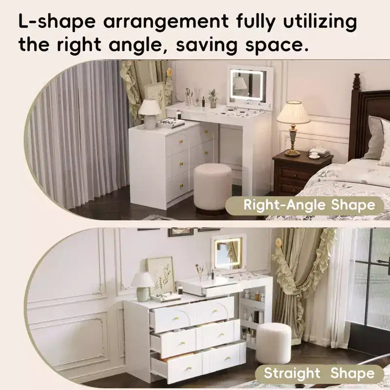 Vanity Desk with LED Mirror and Lights, Flip-Top Makeup Table with 7 Drawers, 9 Compartments, 3 Shelves, 3 Color Modes, White