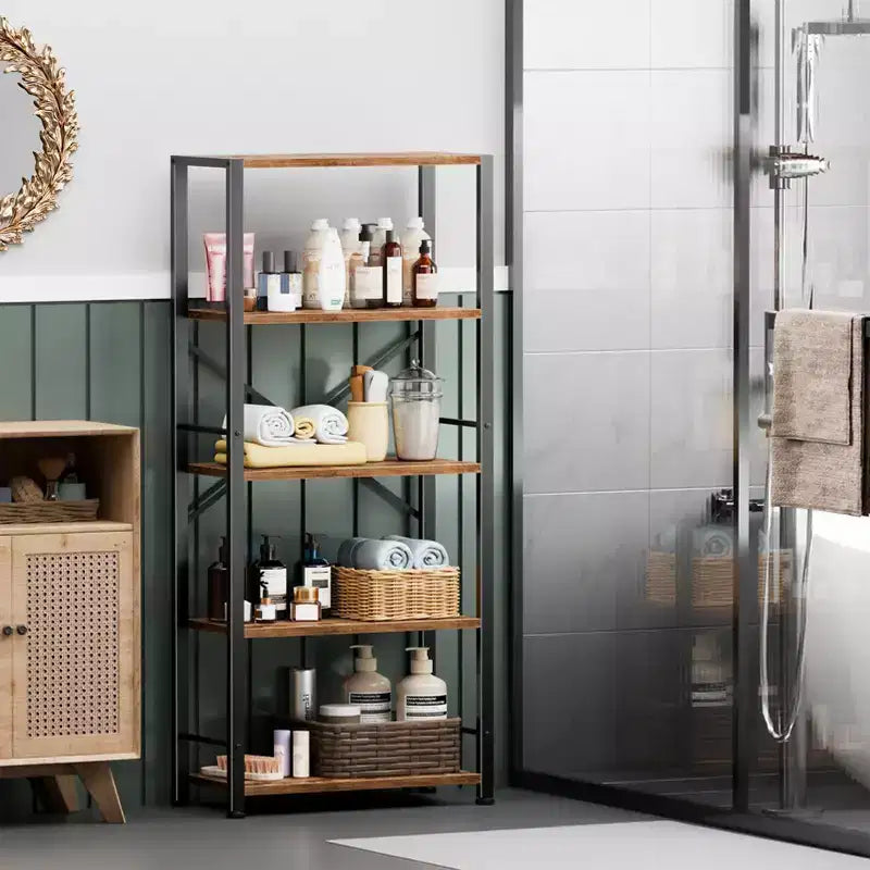 Brown 5-Tier Tall Wide Bookshelf, Wood & Metal Industrial Open Display Shelving Unit, Freestanding Bookcase