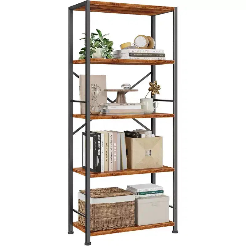 Brown 5-Tier Tall Wide Bookshelf, Wood & Metal Industrial Open Display Shelving Unit, Freestanding Bookcase