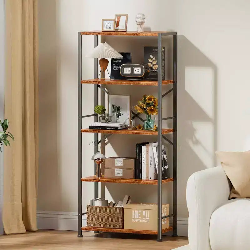 Brown 5-Tier Tall Wide Bookshelf, Wood & Metal Industrial Open Display Shelving Unit, Freestanding Bookcase