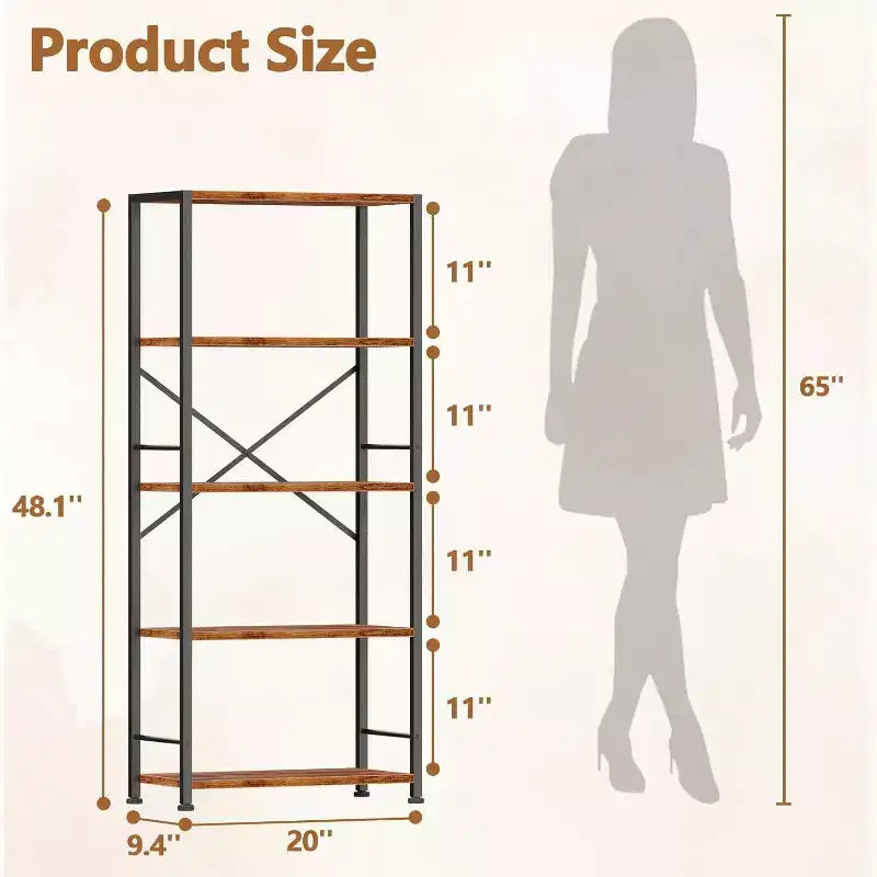 Brown 5-Tier Tall Wide Bookshelf, Wood & Metal Industrial Open Display Shelving Unit, Freestanding Bookcase