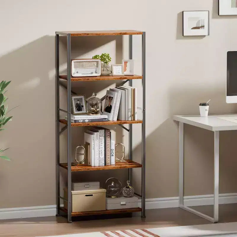 Brown 5-Tier Tall Wide Bookshelf, Wood & Metal Industrial Open Display Shelving Unit, Freestanding Bookcase