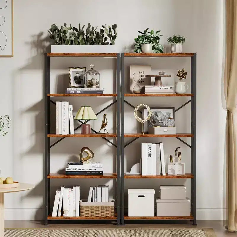 Brown 5-Tier Tall Wide Bookshelf, Wood & Metal Industrial Open Display Shelving Unit, Freestanding Bookcase