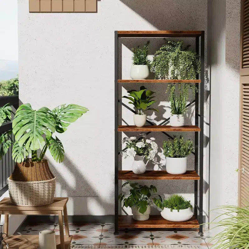 Brown 5-Tier Tall Wide Bookshelf, Wood & Metal Industrial Open Display Shelving Unit, Freestanding Bookcase