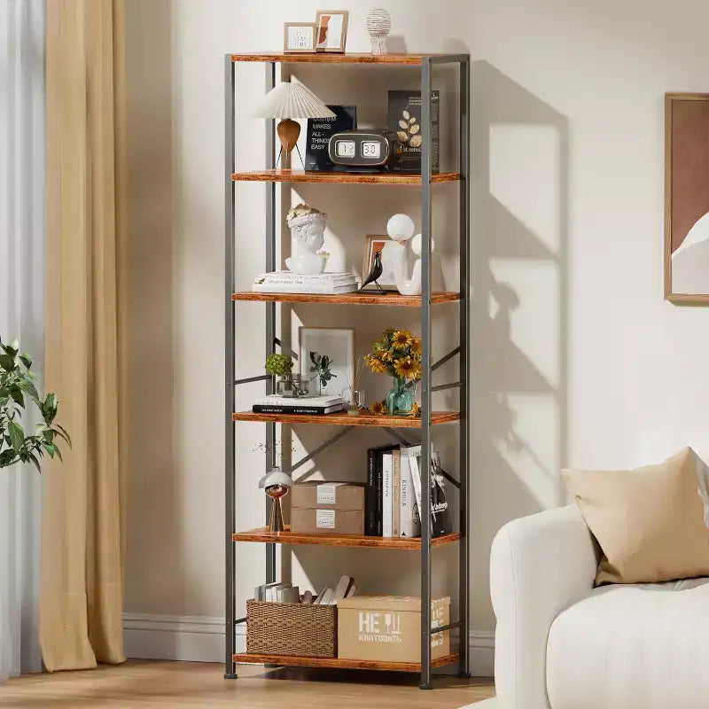 Brown 6-Tier Tall Wide Bookshelf, Industrial Wood & Metal Freestanding Open Display Shelving Unit