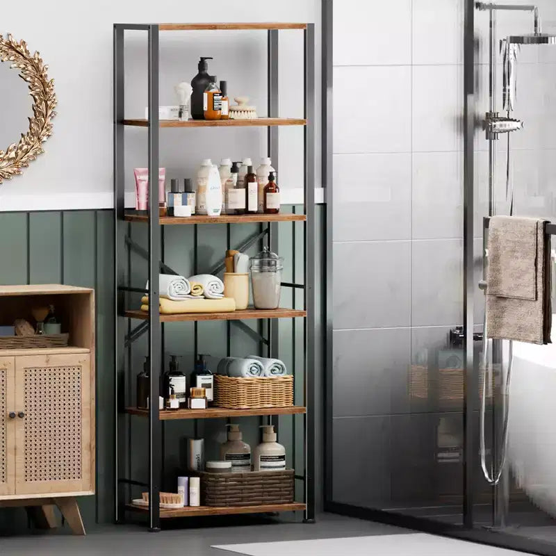 Brown 6-Tier Tall Wide Bookshelf, Industrial Wood & Metal Freestanding Open Display Shelving Unit