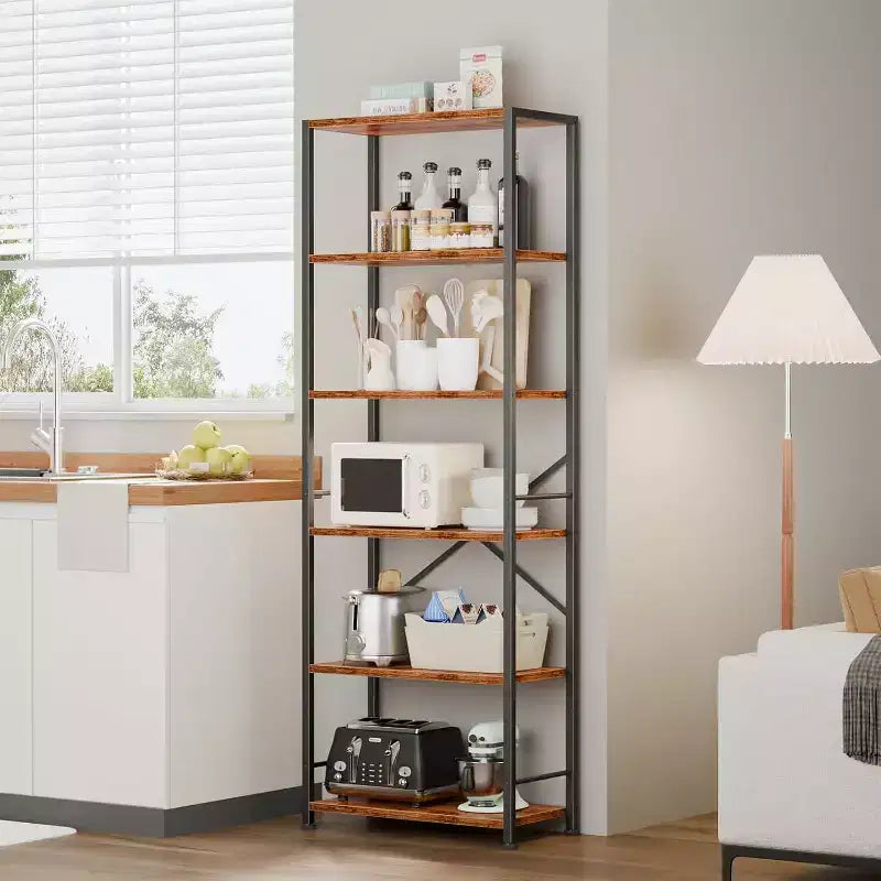 Brown 6-Tier Tall Wide Bookshelf, Industrial Wood & Metal Freestanding Open Display Shelving Unit