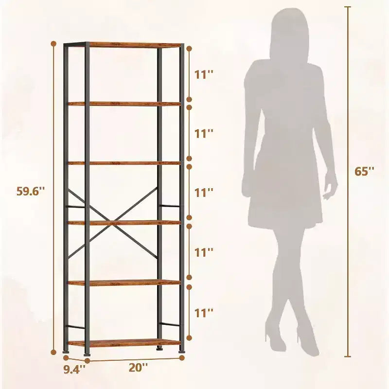 Brown 6-Tier Tall Wide Bookshelf, Industrial Wood & Metal Freestanding Open Display Shelving Unit