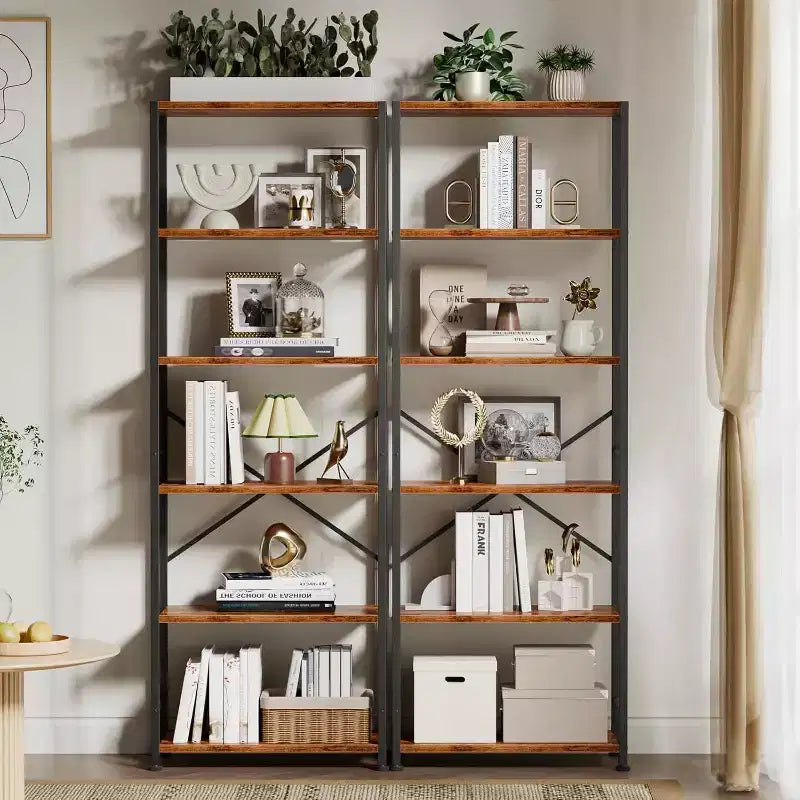 Brown 6-Tier Tall Wide Bookshelf, Industrial Wood & Metal Freestanding Open Display Shelving Unit