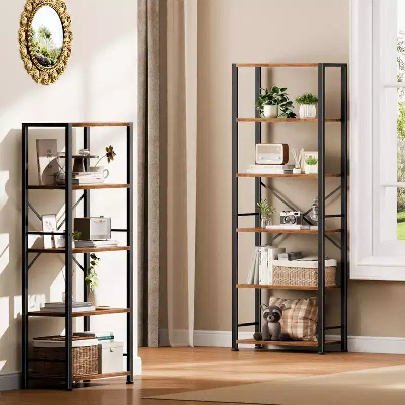 Brown 6-Tier Tall Wide Bookshelf, Industrial Wood & Metal Freestanding Open Display Shelving Unit
