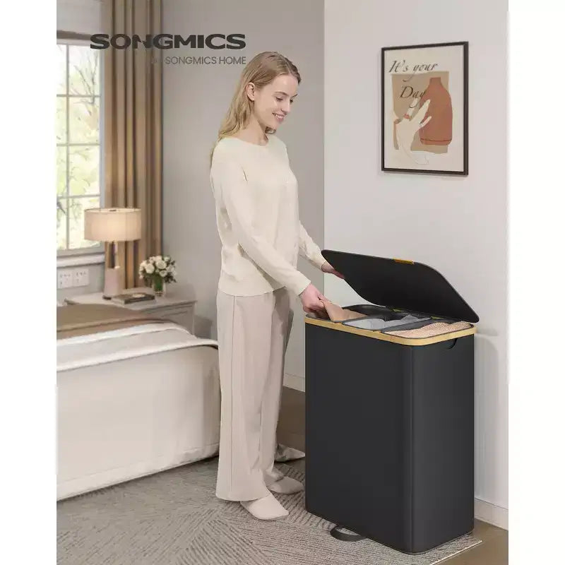 3-Section Laundry Hamper Sorter with Lid, Removable Liners, Bamboo Frame, 44.9 Gal, Ink Black
