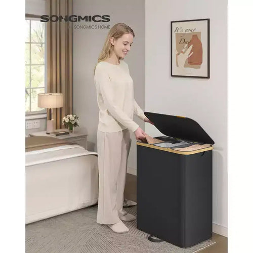 3-Section Laundry Hamper Sorter with Lid, Removable Liners, Bamboo Frame, 44.9 Gal, Ink Black