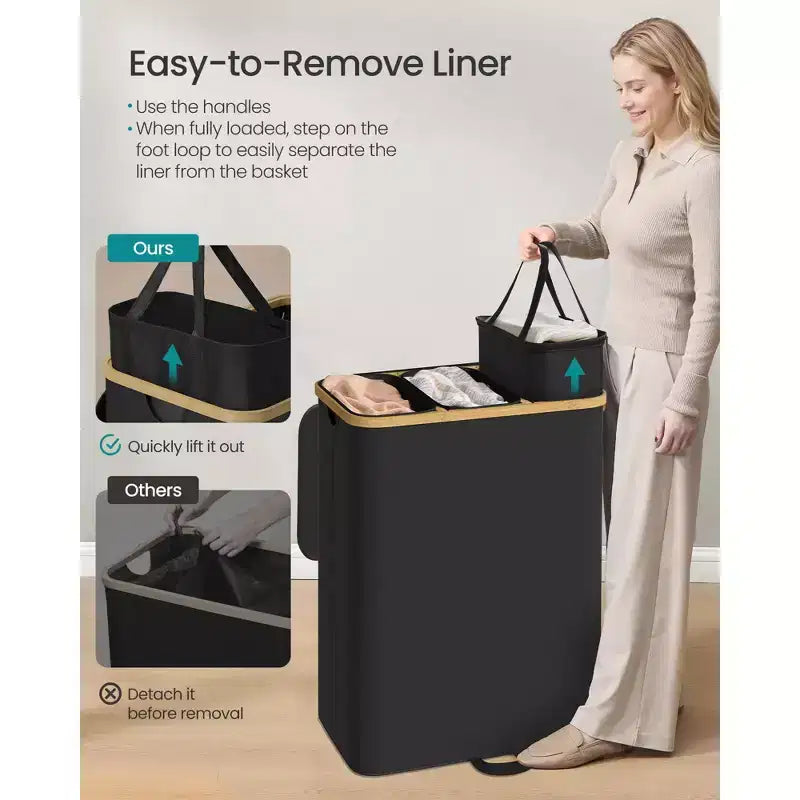3-Section Laundry Hamper Sorter with Lid, Removable Liners, Bamboo Frame, 44.9 Gal, Ink Black