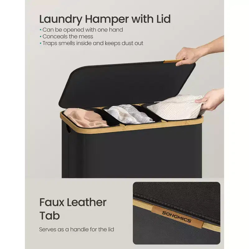3-Section Laundry Hamper Sorter with Lid, Removable Liners, Bamboo Frame, 44.9 Gal, Ink Black