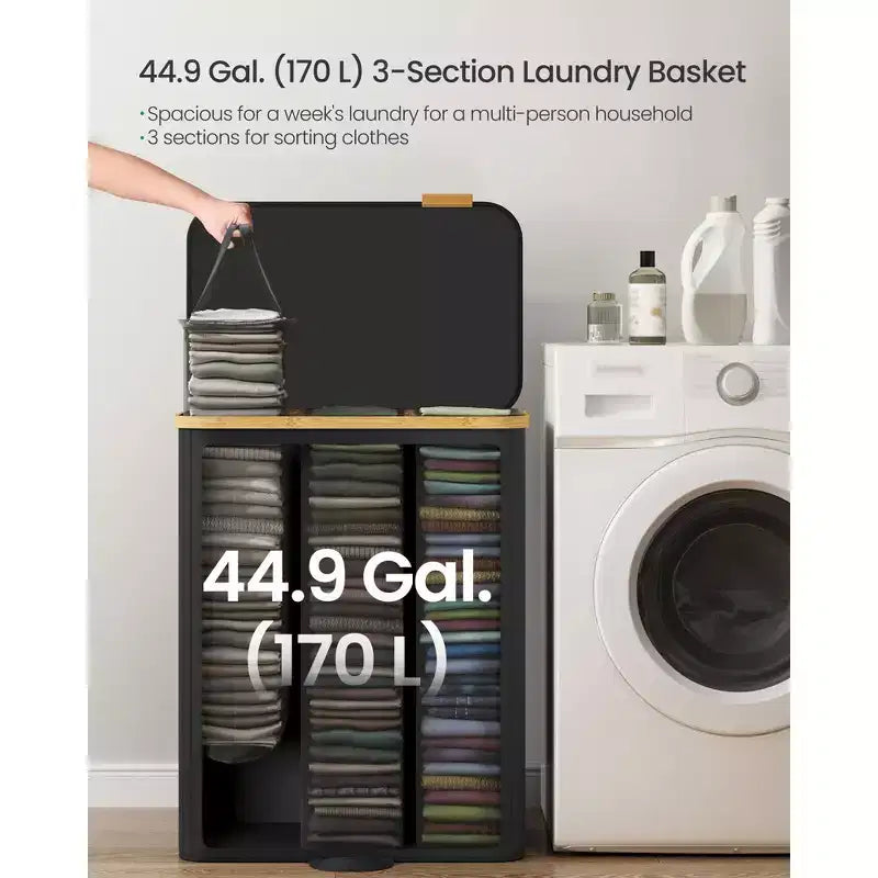 3-Section Laundry Hamper Sorter with Lid, Removable Liners, Bamboo Frame, 44.9 Gal, Ink Black