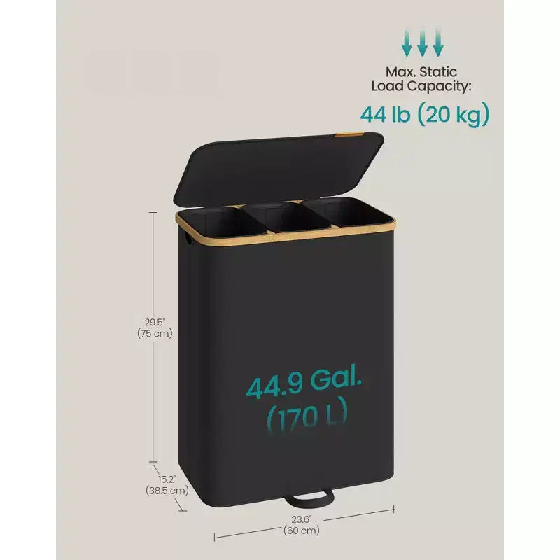 3-Section Laundry Hamper Sorter with Lid, Removable Liners, Bamboo Frame, 44.9 Gal, Ink Black