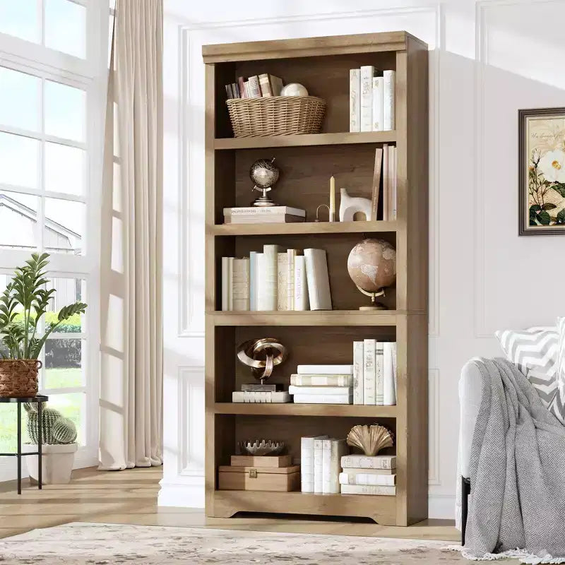 69 Tall 5 Tier Farmhouse Bookcase, 31.5 Wide Bookshelf with Adjustable Shelves & Anti-Slip Design, Open Display Storage for Home Office Living Room