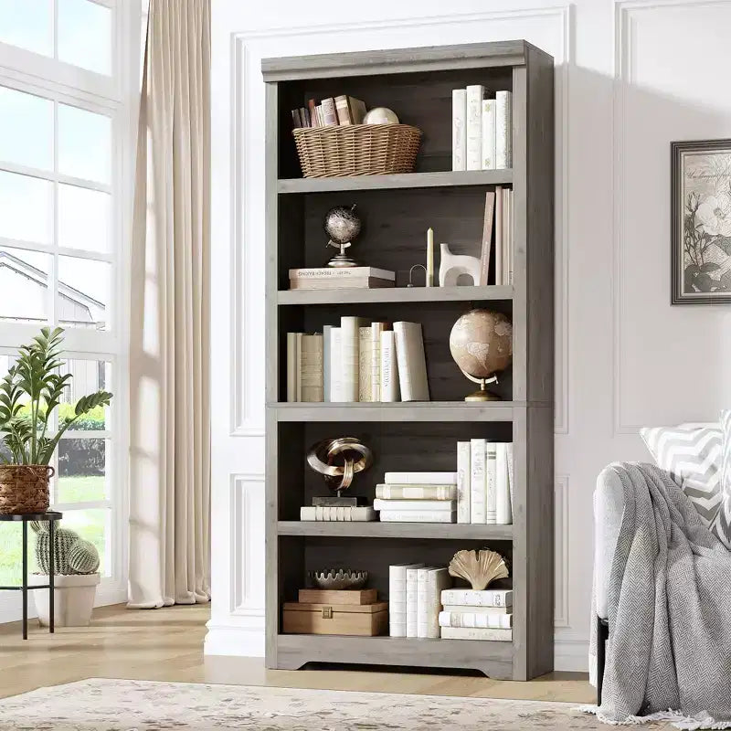 69 Tall 5 Tier Farmhouse Bookcase, 31.5 Wide Bookshelf with Adjustable Shelves & Anti-Slip Design, Open Display Storage for Home Office Living Room