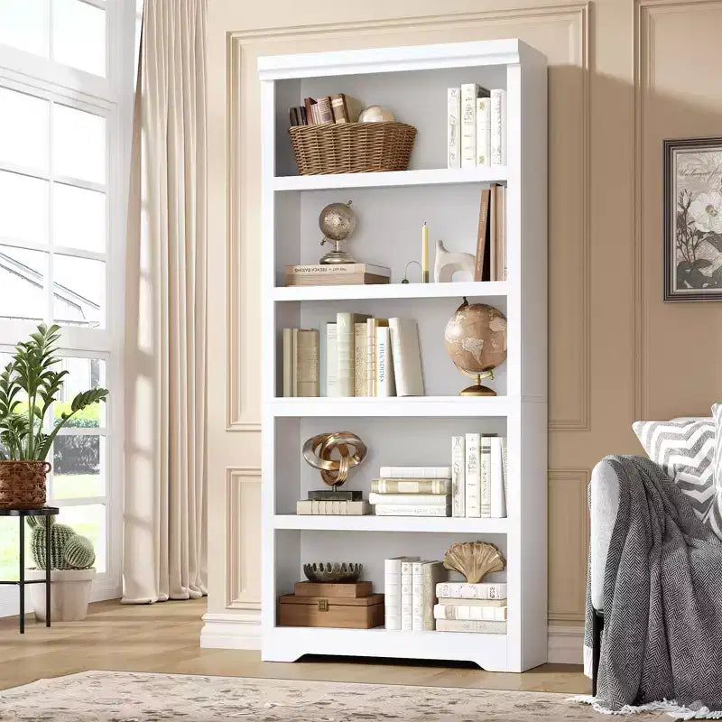 69 Tall 5 Tier Farmhouse Bookcase, 31.5 Wide Bookshelf with Adjustable Shelves & Anti-Slip Design, Open Display Storage for Home Office Living Room