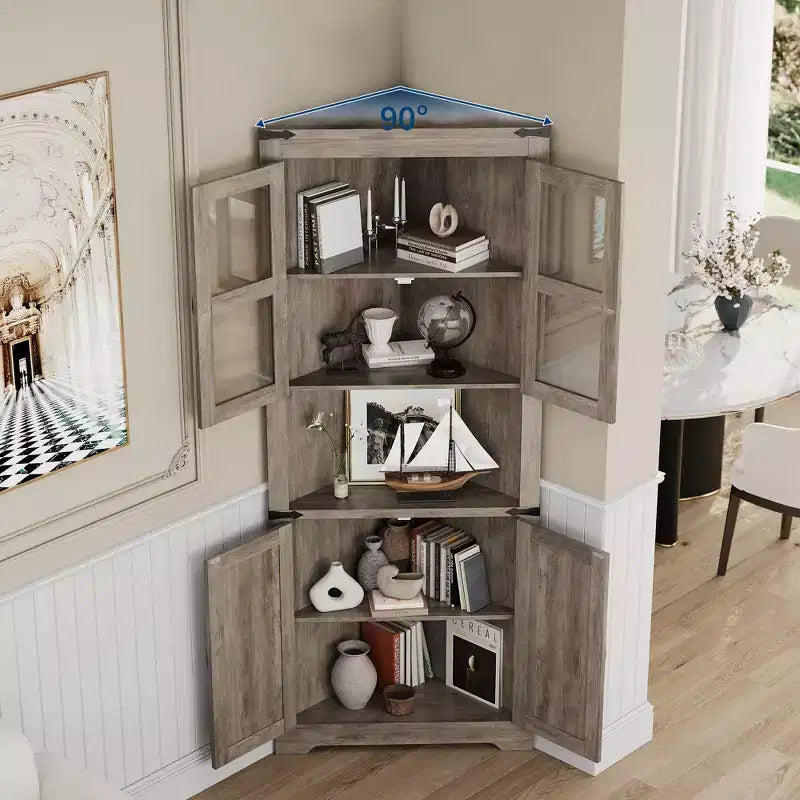 67" Tall Corner Storage Cabinet with Lights, Farmhouse Corner Hutch with Glass Doors for Living Room & Bathroom