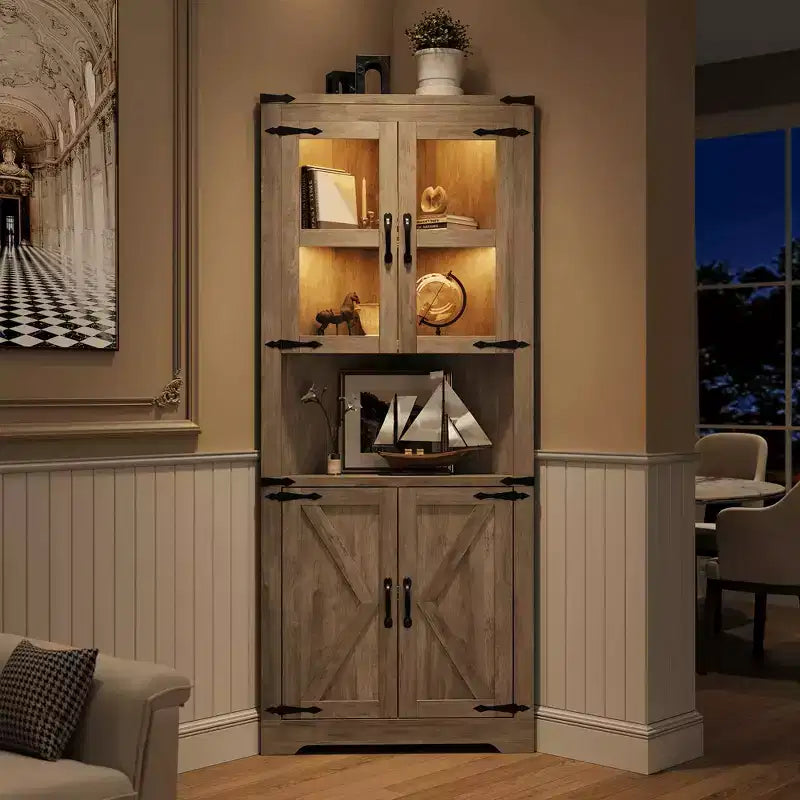 67" Tall Corner Storage Cabinet with Lights, Farmhouse Corner Hutch with Glass Doors for Living Room & Bathroom