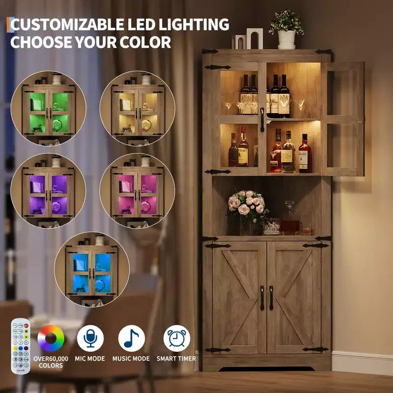 67" Tall Corner Storage Cabinet with Lights, Farmhouse Corner Hutch with Glass Doors for Living Room & Bathroom