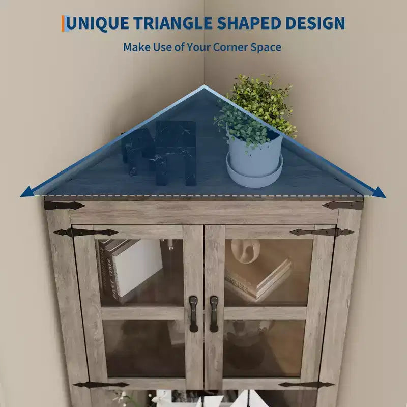 67" Tall Corner Storage Cabinet with Lights, Farmhouse Corner Hutch with Glass Doors for Living Room & Bathroom