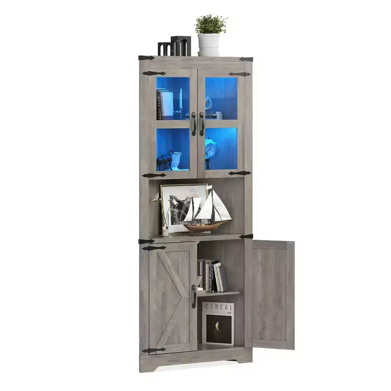 67" Tall Corner Storage Cabinet with Lights, Farmhouse Corner Hutch with Glass Doors for Living Room & Bathroom