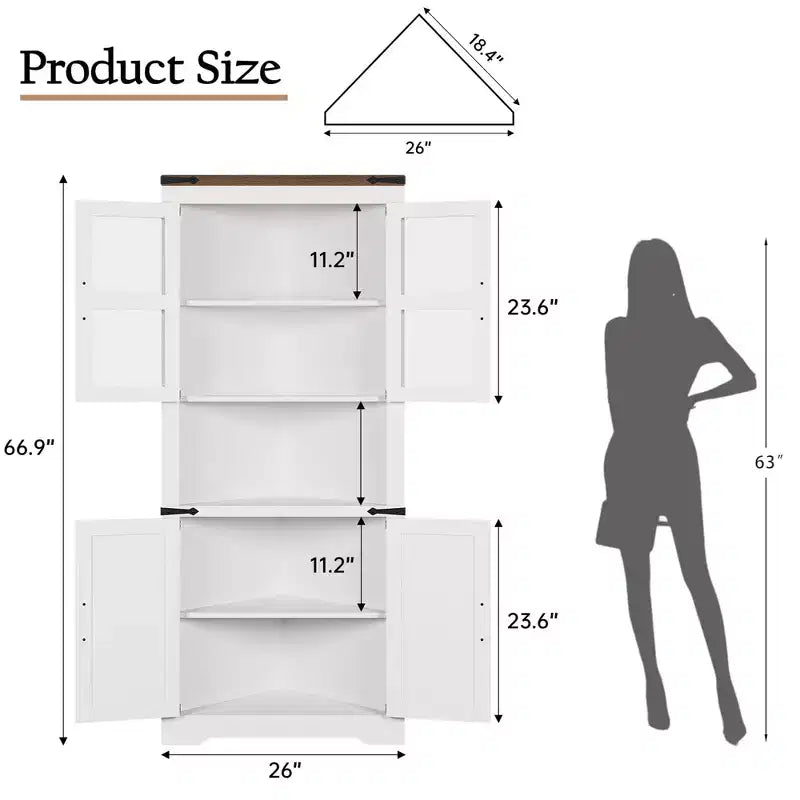 67" Tall Corner Storage Cabinet with Lights, Farmhouse Corner Hutch with Glass Doors for Living Room & Bathroom