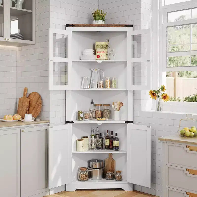 67" Tall Corner Storage Cabinet with Lights, Farmhouse Corner Hutch with Glass Doors for Living Room & Bathroom