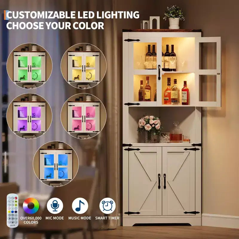 67" Tall Corner Storage Cabinet with Lights, Farmhouse Corner Hutch with Glass Doors for Living Room & Bathroom