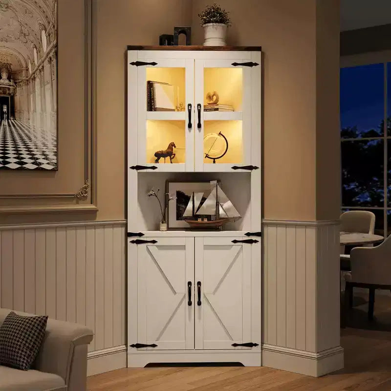 67" Tall Corner Storage Cabinet with Lights, Farmhouse Corner Hutch with Glass Doors for Living Room & Bathroom