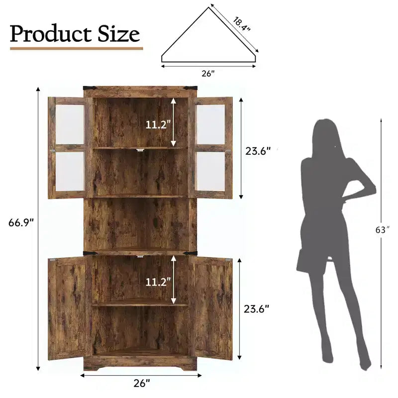 67" Tall Corner Storage Cabinet with Lights, Farmhouse Corner Hutch with Glass Doors for Living Room & Bathroom