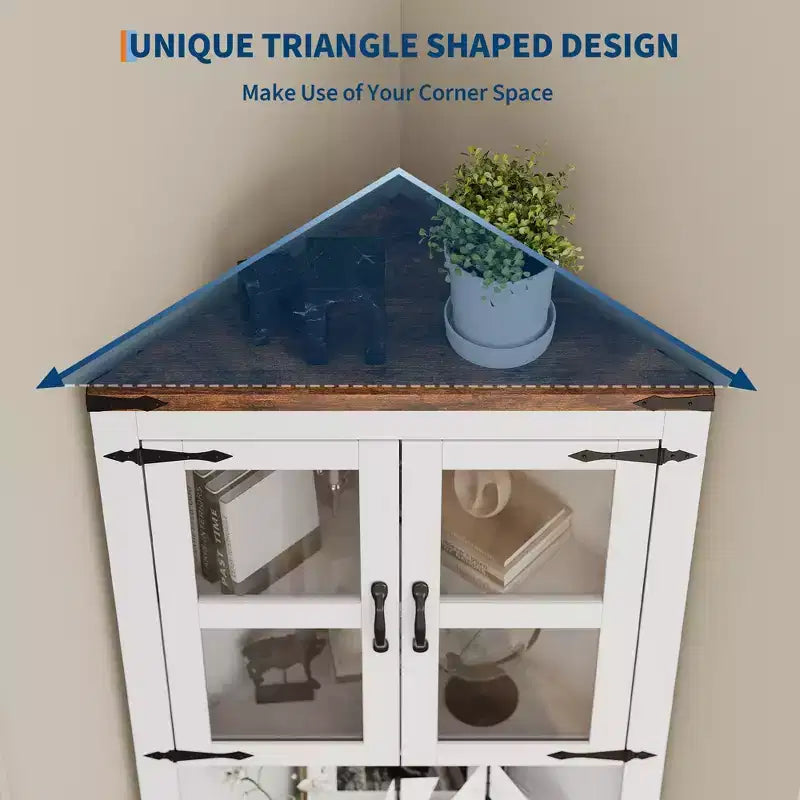 67" Tall Corner Storage Cabinet with Lights, Farmhouse Corner Hutch with Glass Doors for Living Room & Bathroom