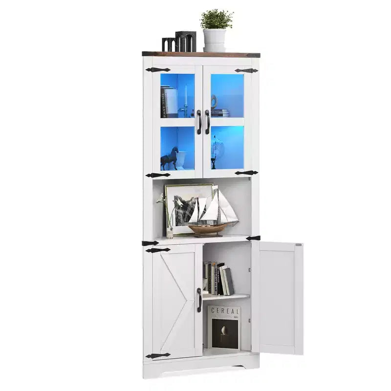 67" Tall Corner Storage Cabinet with Lights, Farmhouse Corner Hutch with Glass Doors for Living Room & Bathroom