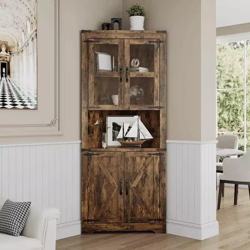 67" Tall Corner Storage Cabinet with Lights, Farmhouse Corner Hutch with Glass Doors for Living Room & Bathroom