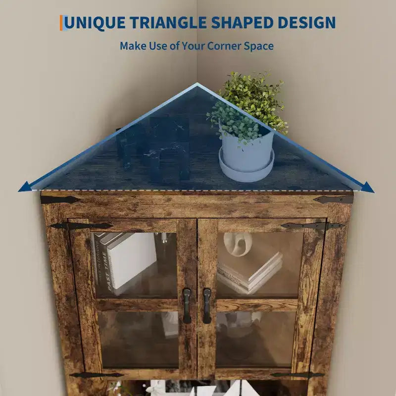 67" Tall Corner Storage Cabinet with Lights, Farmhouse Corner Hutch with Glass Doors for Living Room & Bathroom