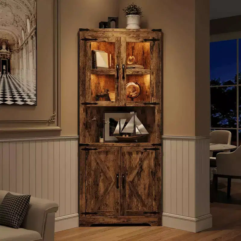 67" Tall Corner Storage Cabinet with Lights, Farmhouse Corner Hutch with Glass Doors for Living Room & Bathroom