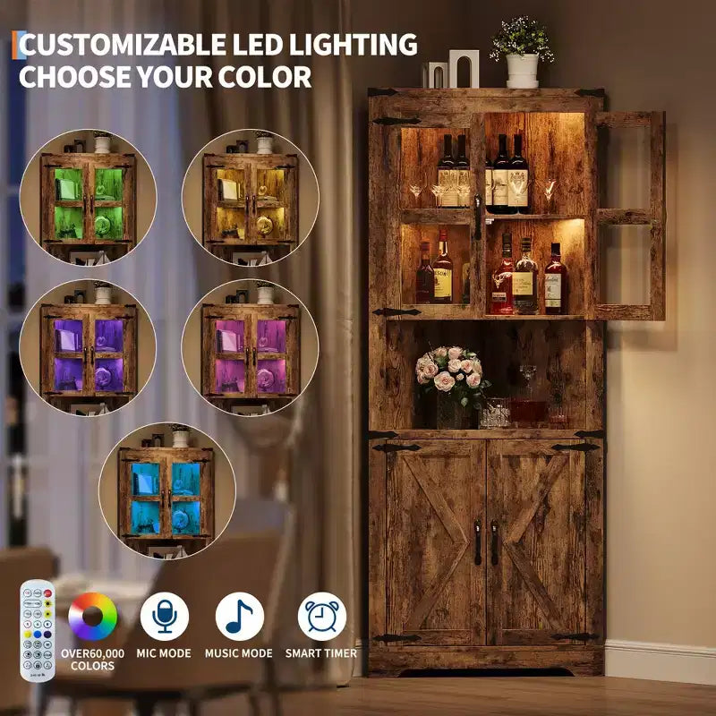 67" Tall Corner Storage Cabinet with Lights, Farmhouse Corner Hutch with Glass Doors for Living Room & Bathroom