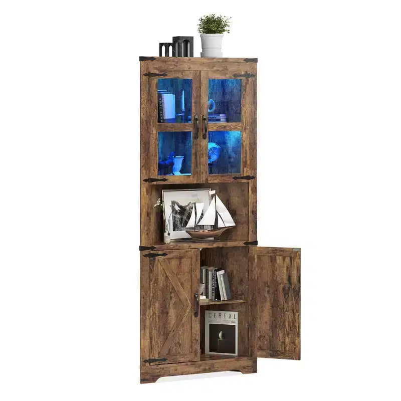 67" Tall Corner Storage Cabinet with Lights, Farmhouse Corner Hutch with Glass Doors for Living Room & Bathroom