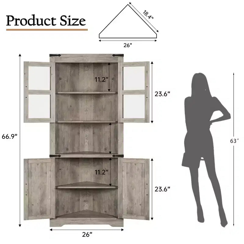 67" Tall Corner Storage Cabinet with Lights, Farmhouse Corner Hutch with Glass Doors for Living Room & Bathroom