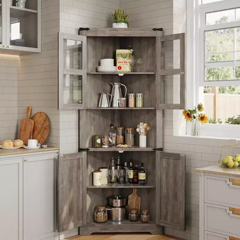 67" Tall Corner Storage Cabinet with Lights, Farmhouse Corner Hutch with Glass Doors for Living Room & Bathroom